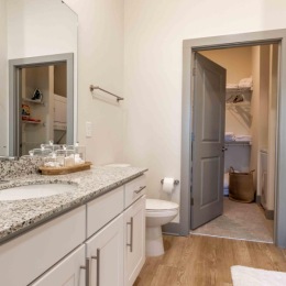 a bathroom with a glass shower